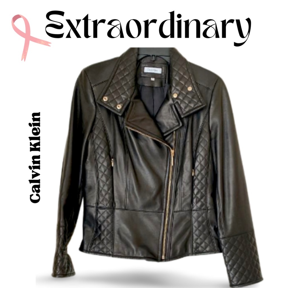 CALVIN KLEIN Highest Quality Unique Black Leather  Moto Jacket